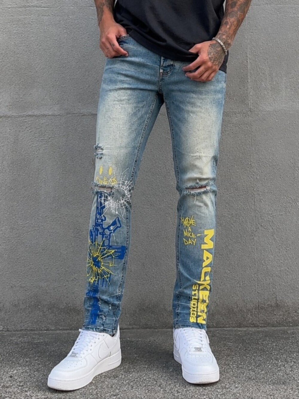 MacKeen Jones Jeans Mens 30(W32xL32) Blue Denim Skinny Distressed Paint Splatter